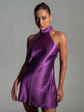 Poshoot Satin Mini Dress Elegant Backless Slim Evening Party Dresses For Women 2023 Summer Sleeveless Fashion Purpe Dress Outfits