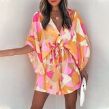 Poshoot Summer Mini Loose Dress Casual Drawstring Tie-Up Fashion Print Batwing Sleeve Beach Sexy Button V Neck Women Party Dresses