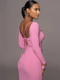 Poshoot Halter Strapless Backless Midi Dress For Women Robe 2023 Autumn Full Sleeve Bodycon Party Long Dress Vestido