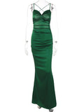 Poshoot  Abdieso Green Spaghetti Strap Satin Bodycon Maxi Dress Backless  Women 2023 Ruched Sleeveless Summer Elegant Party Dresses