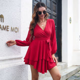 Poshoot Long Sleeve Elegant Dresses For Women Solid Color V Neck Lace Up Office Dress Autumn Winter Female Clothes