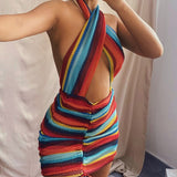 Poshoot 2022 Summer Sexy Women Halter Neck Backless Striped Patchwork Shirring Beach Dress Girls Off Shoulder Bodycon Bandage Wrap Robe