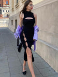 POSHOOT  Fashion Elegant Black Knit Bodycon Club Party Midi Dress Female Tank Cut Out Buttons  Dresses Summer Split Cloth