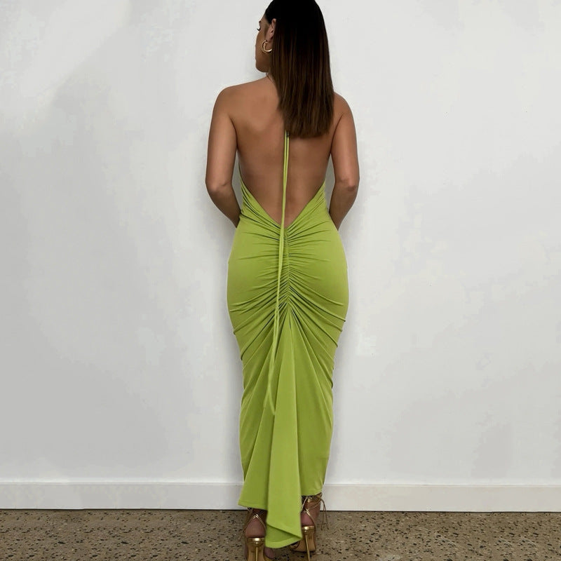 POSHOOT Backless Halter Back Ruched Sexy Midi Dress 2022 Green Club Party Beach Holiday Summer Dress Yellow Women Outfits