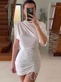 Poshoot Female Casual Slim Drawstring Mini Hips Dress Elegant Office Lady O Neck Short Sleeve Frock 2023 Summer Asymmetrical Party Wear