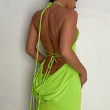 POSHOOT Halter Backless Tie Up Strapless Midi Dress Sleeveless Solid Summer Sexy Dress Party Club 2022