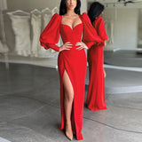 Poshoot Women's Dress Elegant Tunics Pull Sleeve High Split Evening Party Dresses Y2K Tight Long Maxi Formal Vestidos Red Black 2022