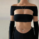 POSHOOT Chic Off Shoulder Summer Cut Out Slim Women Tops Outfits Streetwear Long Sleeve Top Tees Skinny Solid Clothes