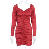 POSHOOT  2023 Long Puff Sleeve Slash Neck Satin Pleated  Mini Dress Autumn Winter Women Solid Party Elegant Streetwear Outfi
