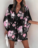 Poshoot Summer Mini Loose Dress Casual Drawstring Tie-Up Fashion Print Batwing Sleeve Beach Sexy Button V Neck Women Party Dresses