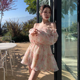 Poshoot  fashion inspo  Summer Floral Dress Women Slash Neck Female Long Sleeve Fairy Dress Off Shoulder Pink A-line Elegant  Beach Short Dresses