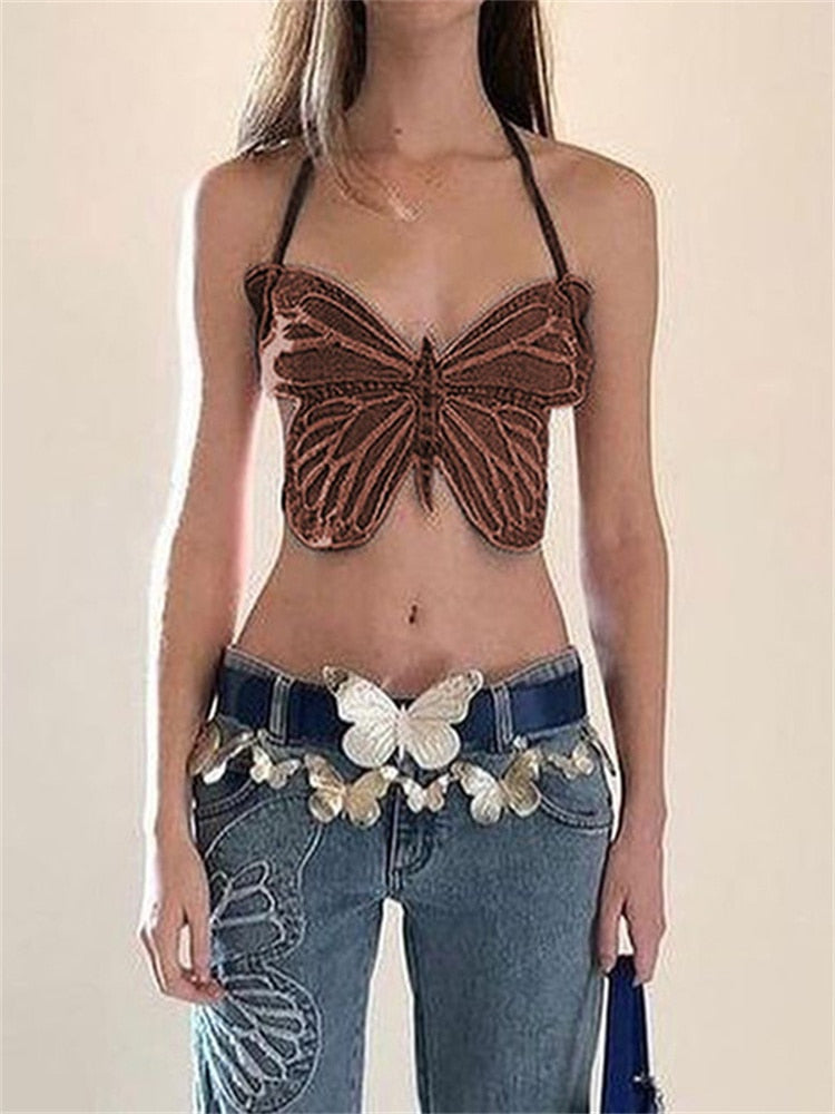 Poshoot  Butterfly Y2K Denim Cute Tank Tops Women Summer Streetwear Korean Kawaii Camis Vintage Retro Casual Shirts Fashion
