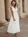 Poshoot V Neck Pleated Korean Chiffon White Long Summer Dress Women Lace Up Holiday Sexy Elegant Beach Maxi Dresses Female 2022 Vetido