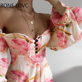 Women Chic Lantern Sleeves Floral Print button lace up A-line Party mini sexy Dress