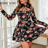 Women Chic Floral Print Hepburn Long Sleeves Edible Fungus Hem Spring&Autumn Mini A-line Sexy Party Dress