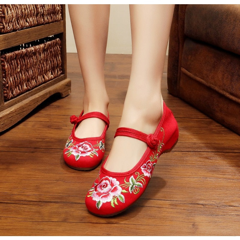 Poshoot Fashion Women Embroidered Canvas Flats Ladies Comfortable Flat Shoes Fashion Embroidered Flat Shoes with Soft Soles for Women