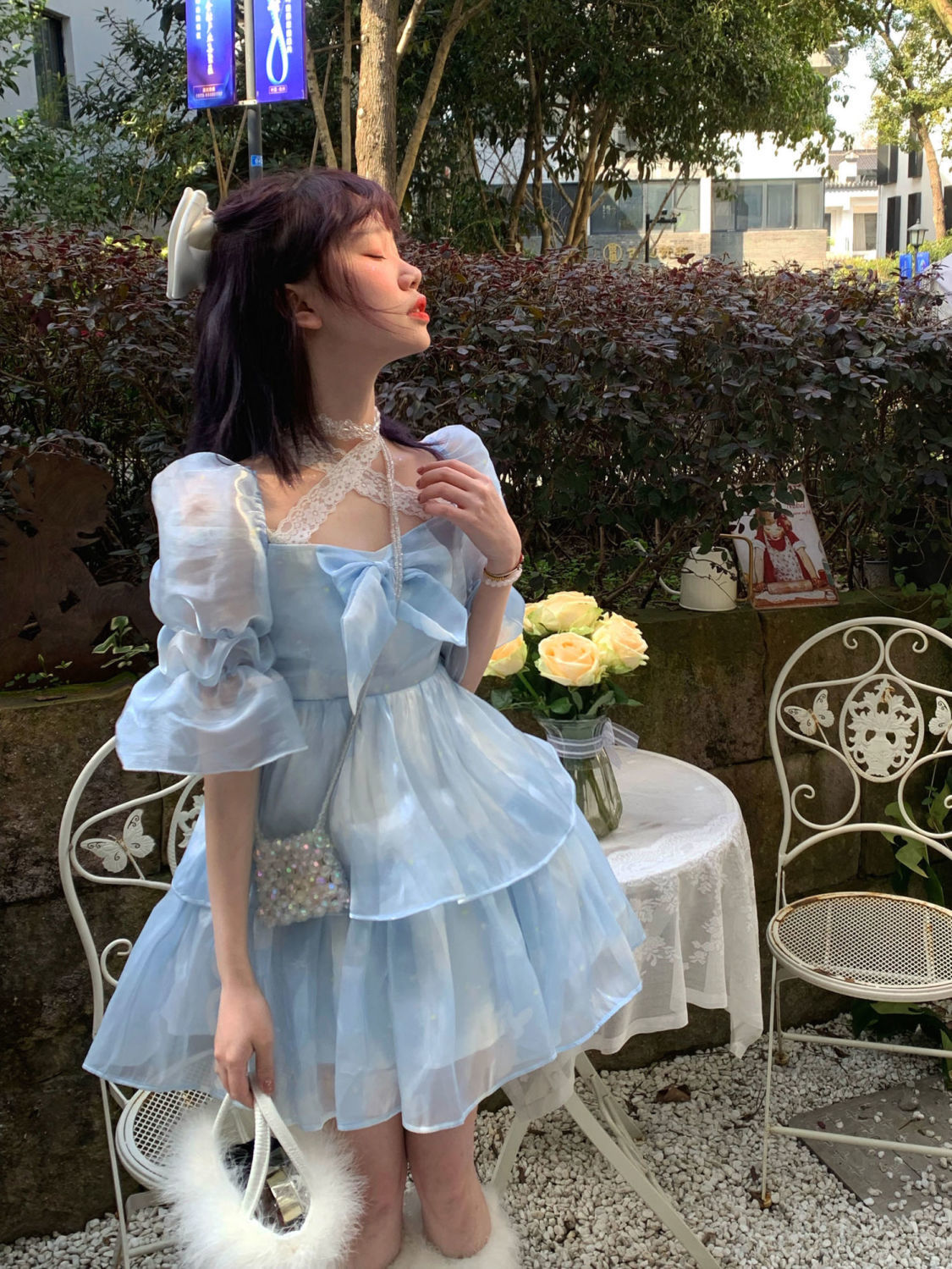 POSHOOT Blue Lolita Kawaii Dress Women Summer 2022 Chiffon Korean Sexy Elegant Party Mini Dresses Lace Casual Cute Princess Fairy Dress