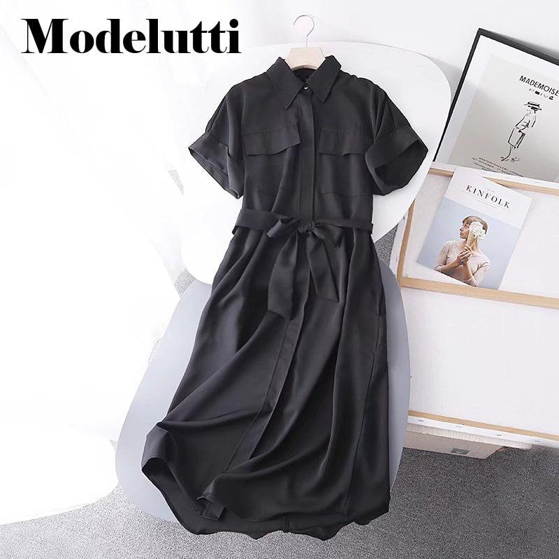 Back To School Poshoot 2022 New Spring Summer Fashion Short Sleeve Shirt Dress Belt Pocket Decorate Women Solid Color Simple Casual Female