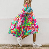 Poshoot Summer Women Dress Floral Print A Line 3/4 Sleeve Casual Loose O Neck Party Boho Dresses Elegant Long Dress