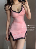 Poshoot  New V-Neck Pink Thin Split Lace  Skinny Hip Strap Tank Mini Party Dress  Women Dresses Vintage Tops V4XV