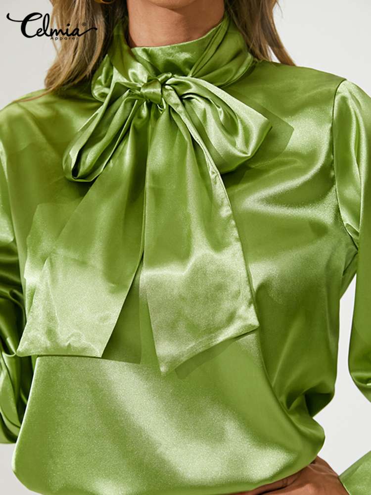 POSHOOT 2022 Fashion Women Bow Tie Blouses Spring Casual Tops Elegant Satin Lantern Sleeve Office Lady Shirts Blusas Femininas