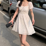 Poshoot Dresses Women Puff Sleeve Holiday Sundress Hollow Out Floral Design Korean Style College Lovely Simple Trendy Summer Vestidoes