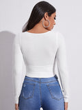 Poshoot 2023 Women Casual Solid Long Sleeve Crop T-shirt Fashion V-Collar Bare Midriff Stretch Tops Ribbed Knitted Elastic Slim Skinny Tees