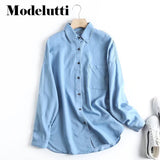 Back To School Poshoot 2023 New Spring Autumn Fashion Long Sleeves Casual Denim Shirt Pocket Women Blouses Solid Color Simple Tops Female