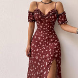 Poshoot Short Sleeve Chic And Elegant Midi Dress For Women Backless Split Printed Fashion Long Corset Off Shoulder Dresses Female 2022