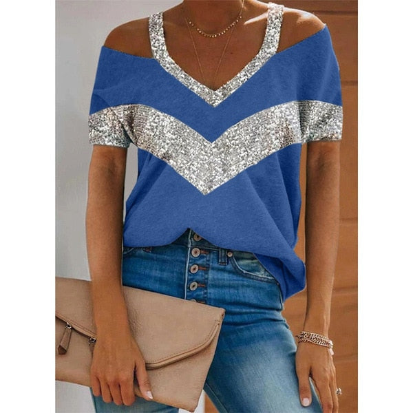POSHOOT Summer Sexy Striped Sequins Short Sleeve T-Shirts Color Block Off Shoulder Tops Women V-Neck Halter Loose Casual Tees Tshirts