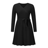 Poshoot Women Long Sleeve Sweater Sexy Bodycon Desses Female Solid Color Lace Up V Neck Autumn Winter Knitted Dress