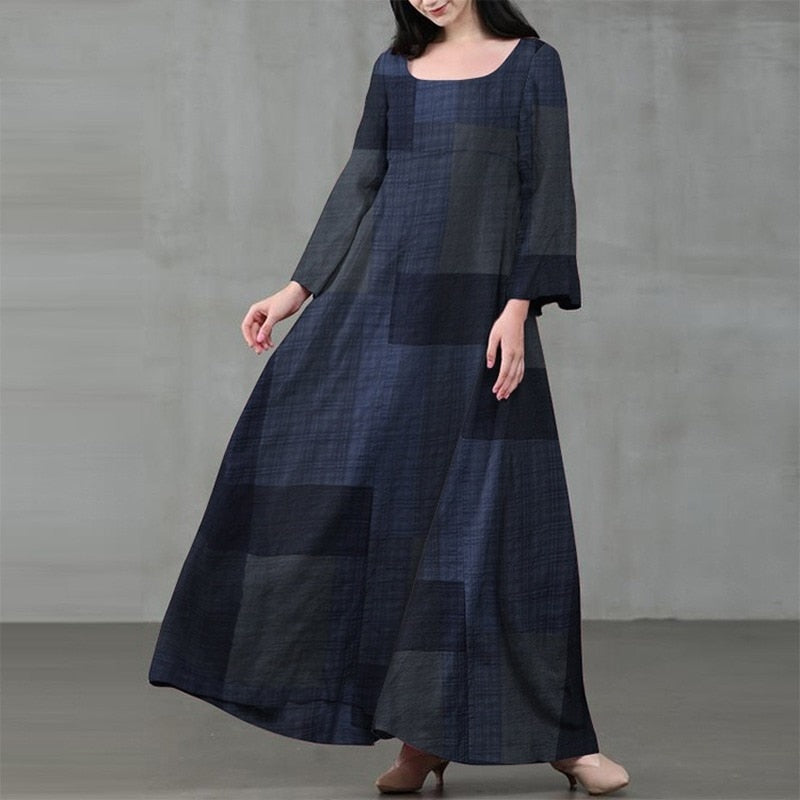 POSHOOT Loose Big Swing Dress Women's Solid Color Square Neck Lotus Sleeve Plaid And Ankle Skirt All-Match Cotton Casual Pullover