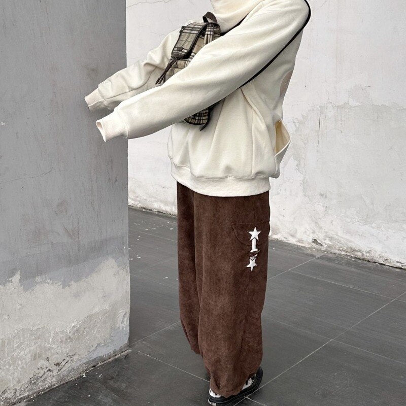 Poshoot  Autumn Outfits   Japanese Style Brown Corduroy Pants Women Vintage Star Wide Leg Baggy Trousers Kawaii Sweet Oversize Casual Pantalons