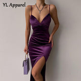 Poshoot Velvet Solid Purple Spaghetti Strap Backless Split Tight Party Dresses 2022 Women V-Neck Sleeveless Streetwear Back Zipper Dress