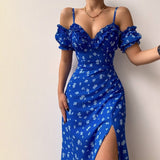 Poshoot Short Sleeve Chic And Elegant Midi Dress For Women Backless Split Printed Fashion Long Corset Off Shoulder Dresses Female 2022