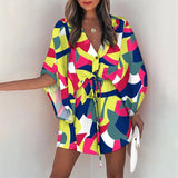 Poshoot Summer Mini Loose Dress Casual Drawstring Tie-Up Fashion Print Batwing Sleeve Beach Sexy Button V Neck Women Party Dresses