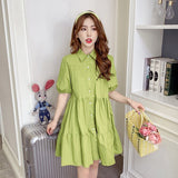 Poshoot Women Dresses Summer Sweet White Puff Sleeve Turn-Down Collar  A-Line Mini Dress Korean Short Sleeve Dresses For Women 2022