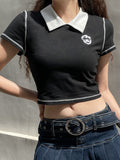 POSHOOT  Vintage Preppy Style Black Line Summer Tee Shirt Turn Down Collar Cute Crop Tops Letter Basic Cute T Shirt Women Slim