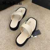 Back To School Poshoot 2022 New Fashion Thick Bottom Flip Flops Cowhide Solid Color Beach Slippers Women Simple Casual Sandals Shoes Female