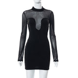 Poshoot   Women Mesh Patchwork Bodycon Mini Dress  Long Sleeve Mock-Neck Sheath Dress See-Through Club Night Dresses 2023