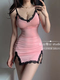 Poshoot  New V-Neck Pink Thin Split Lace  Skinny Hip Strap Tank Mini Party Dress  Women Dresses Vintage Tops V4XV