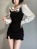 Poshoot Autumn Outfits      Y2k Preppy Style Mini Corset Dress Women Korean Coquette School Uniform Ruffles Two Pieces Long Sleeve Bodycone Dresses