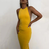 POSHOOT Backless Halter Back Ruched Sexy Midi Dress 2022 Green Club Party Beach Holiday Summer Dress Yellow Women Outfits