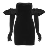 Poshoot   Women Strapless Velvet Dress Elastic Bodycon With  Clouds Gloves Birthday Vacation Party French Romantics Streetwear