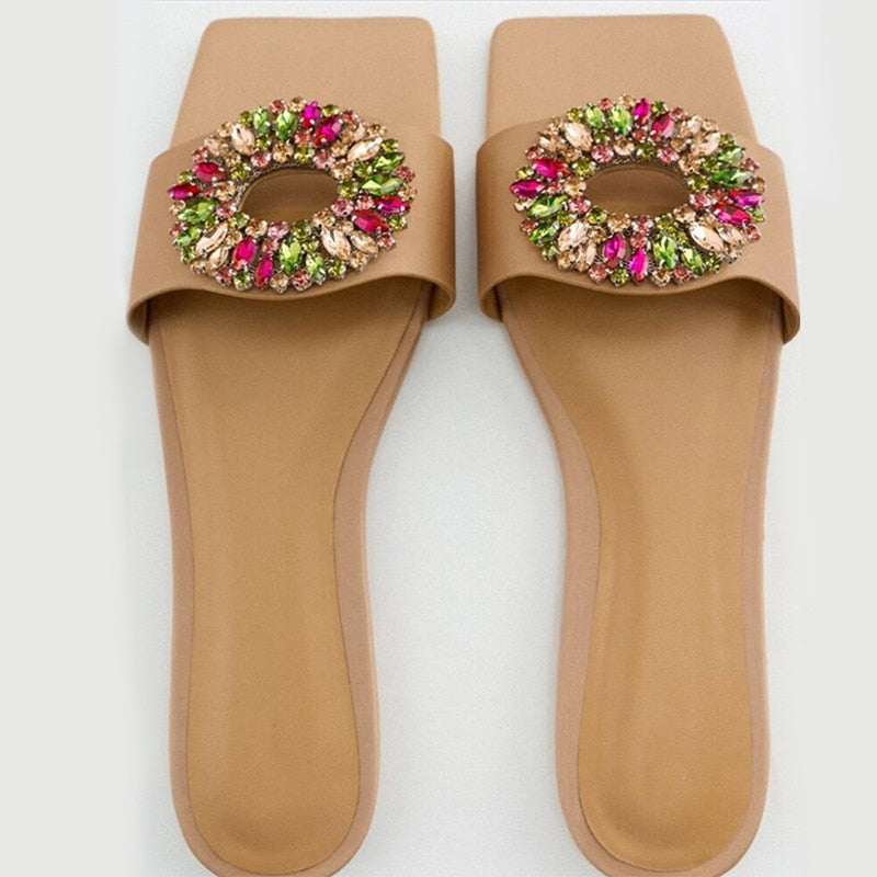 POSHOOT Women Flat Slippers Rhinestone Square Toe Female Slides Elegant Ladies Summer Shoes Solid Woman's Beach Sandals Fashion 2022 New