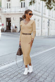 Poshoot Autumn Winter Women Long Sleeve Office Knitted Maxi Bodycon Dress Female Solid Color Long Sheath Dress