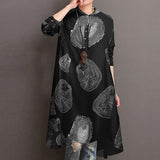 POSHOOT Literary National Style Dress Retro Printing Women's Cotton Pullover Round Neck Over The Knee A-Line Skirt Long Pullover