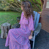 Poshoot Boho Loose Maxi Dress Women Elegant Summer 2022 Geometric Ankle-Length V-Neck Puff Sleeve Holiday Beach Dresses Party Vestidos