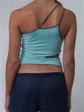 Poshoot  Off Shoulder Single Strap Hollow Out Tank Crop Tops  Women Sleeveless Slim Fit Irregular Hem Vest Summer Clubwear
