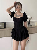 POSHOOT Fashion Elegant Black Puff Sleeve Corset Party Dress Female Mini Chic Solid Ruffles Summer Pleated Dress Double Layer